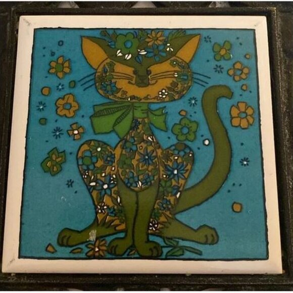 MCM Holt Howard Groovy 1970's Cat Tile Cast Iron Trivet, Wall Decor - Picture 1 of 10